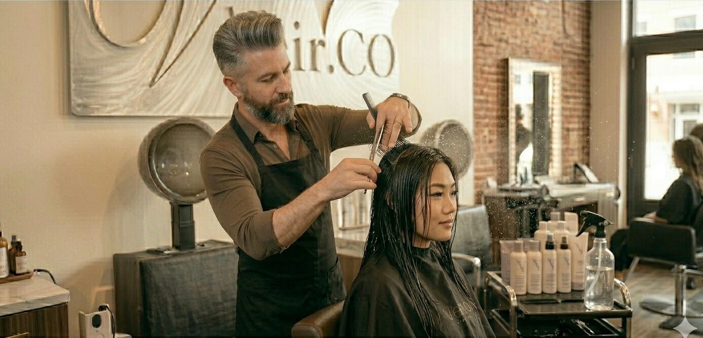 Wet cutting technique — precise cutting on wet hair for clean, accurate lines
