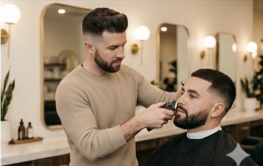 Beard sculpting — detailed shaping and edge work on a full beard