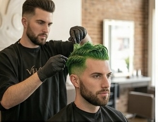 Men's green textured color — bold creative color on short textured cut
