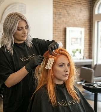 Vivid orange color prep — sectioning and application at the color bar